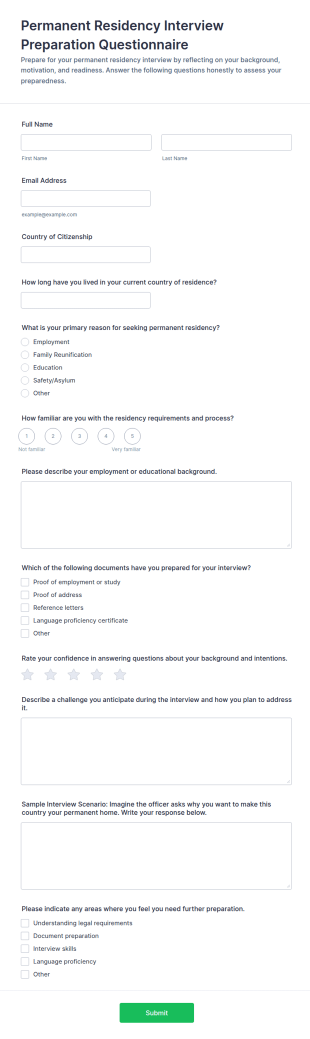 Permanent Residency Interview Preparation Questionnaire Form Template