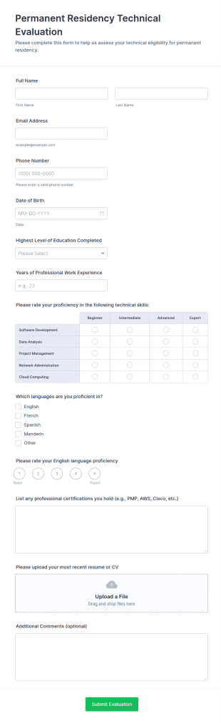 Permanent Residency Technical Evaluation Form Template