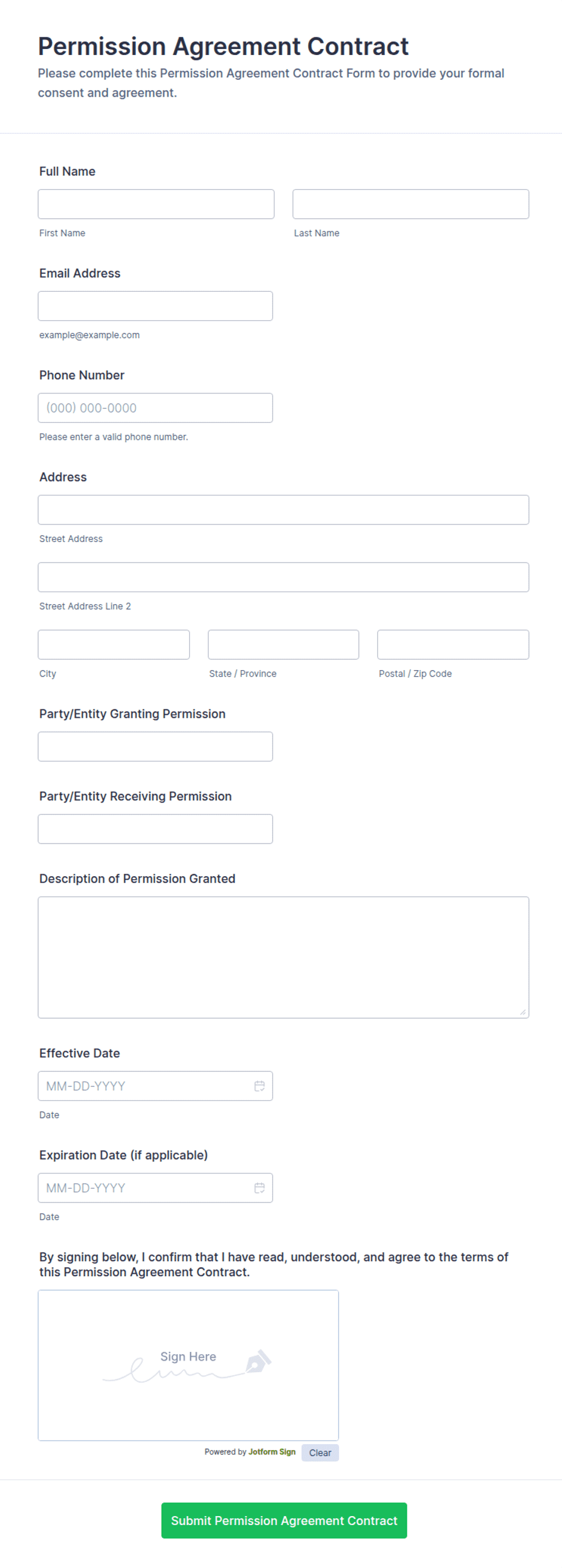 Permission Agreement Contract Form Template | Jotform