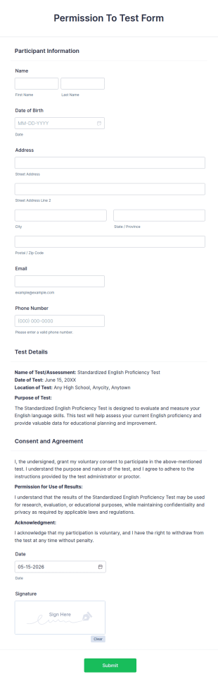 Permission To Test Form Template