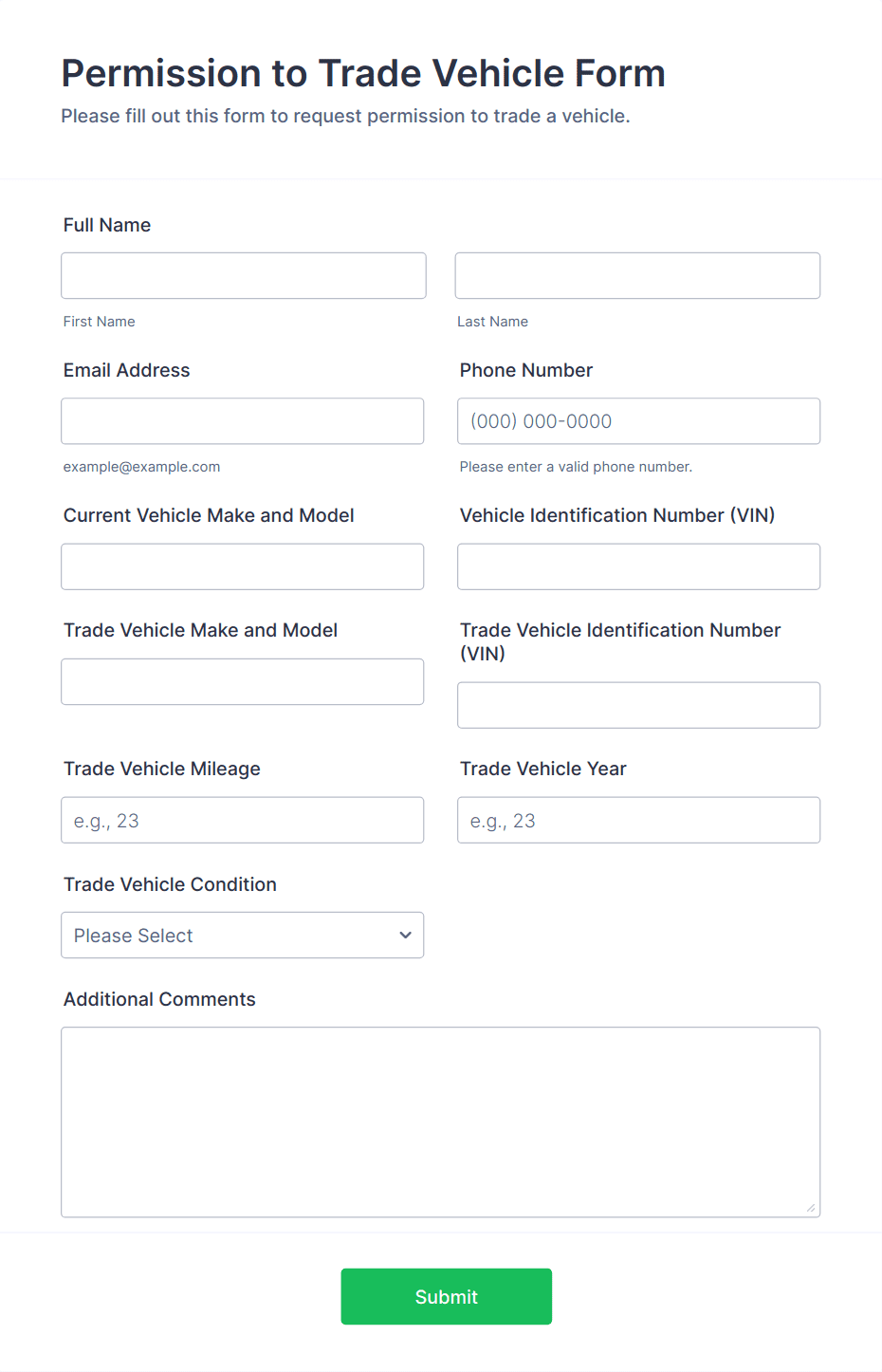 Permission to Trade Vehicle Form Template | Jotform