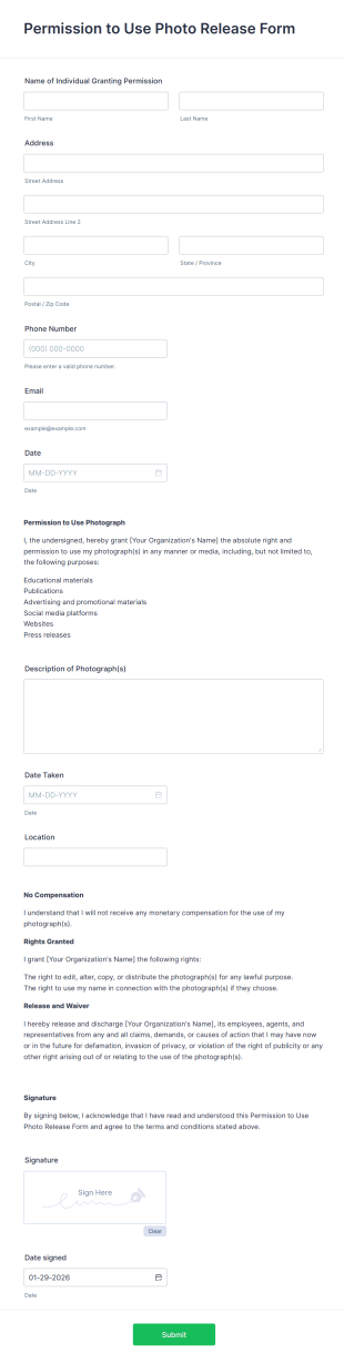 Permission To Use Photo Release Form Template