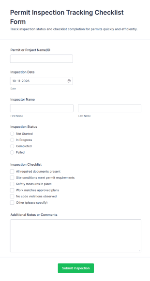 Permit Inspection Tracking Checklist Form Template