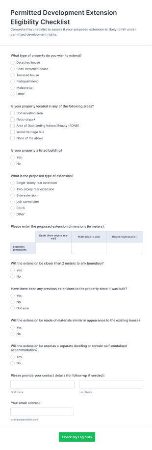 Permitted Development Extension Eligibility Checklist Form Template