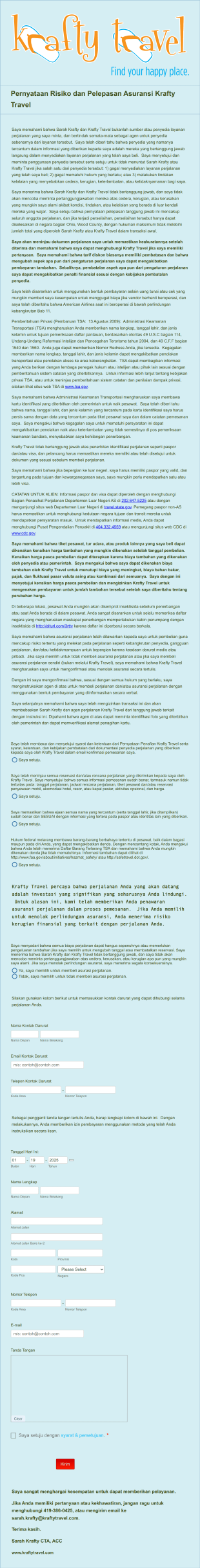 Pernyataan Risiko Dan Pelepasan Asuransi Krafty Travel