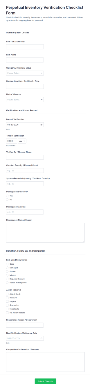 Perpetual Inventory Verification Checklist Form Template