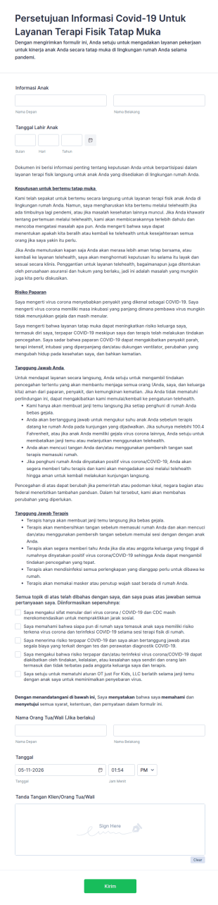 Persetujuan Informasi Covid 19 Untuk Layanan Terapi Fisik Tatap Muka