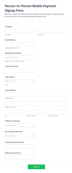 Person To Person Mobile Payment Signup Form Template