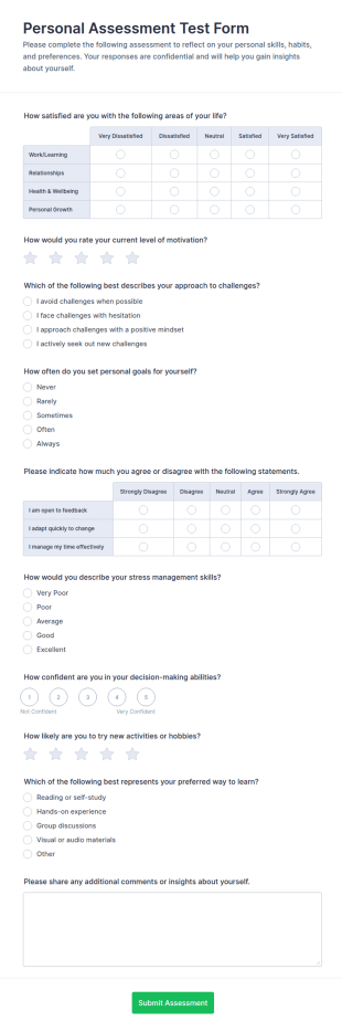 Personal Assessment Test Form Template