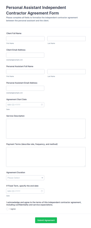 Personal Assistant Independent Contractor Agreement Form Template