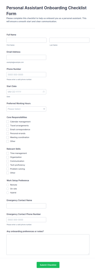 Personal Assistant Onboarding Checklist Form Template