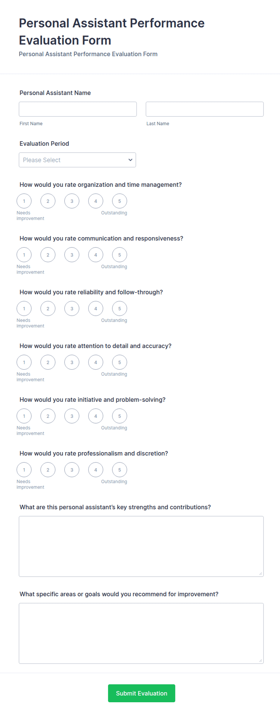 Personal Assistant Performance Evaluation Form Template | Jotform