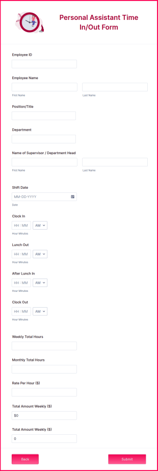 Personal Assistant Time InOut Form Template