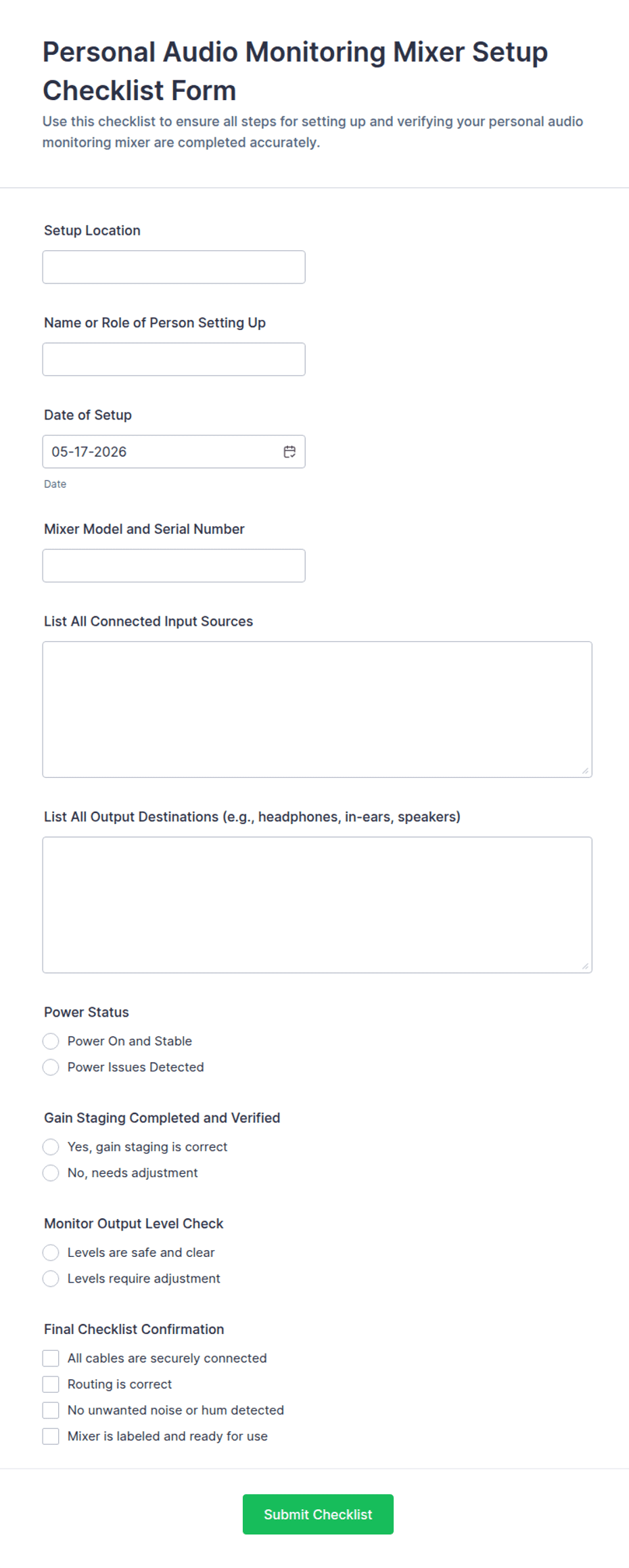 Personal Audio Monitoring Mixer Setup Checklist Form Template | Jotform