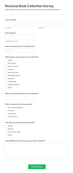 Personal Book Collection Survey Form Template