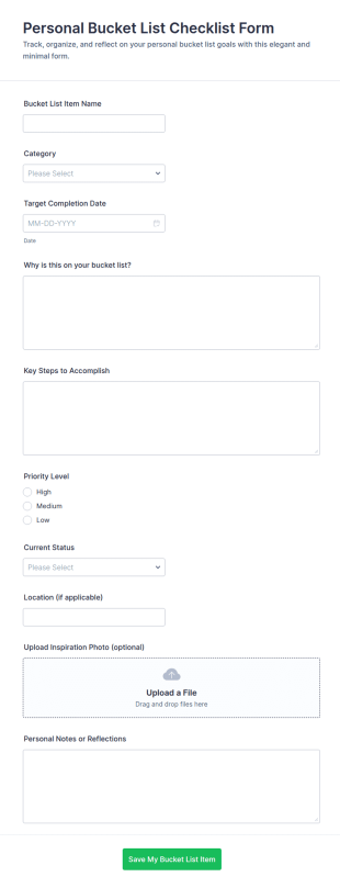 Personal Bucket List Checklist Form Template