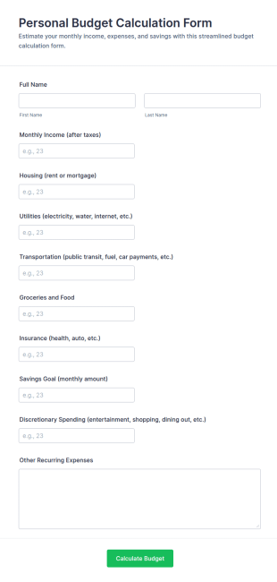 Personal Budget Calculation Form Template