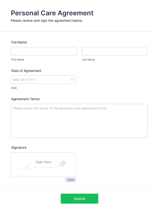 Personal Care Agreement Form Template