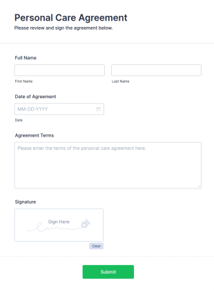 Personal Care Agreement Form Template