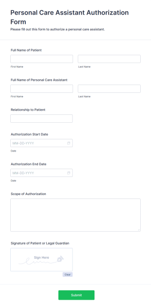 Personal Care Assistant Authorization Form Form Template