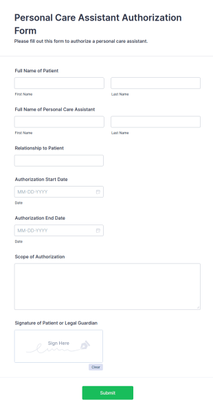 Personal Care Assistant Authorization Form Template