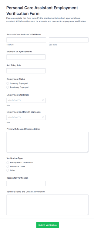 Personal Care Assistant Employment Verification Form Template