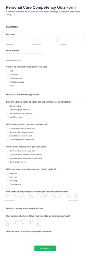 Personal Care Competency Quiz Form Template