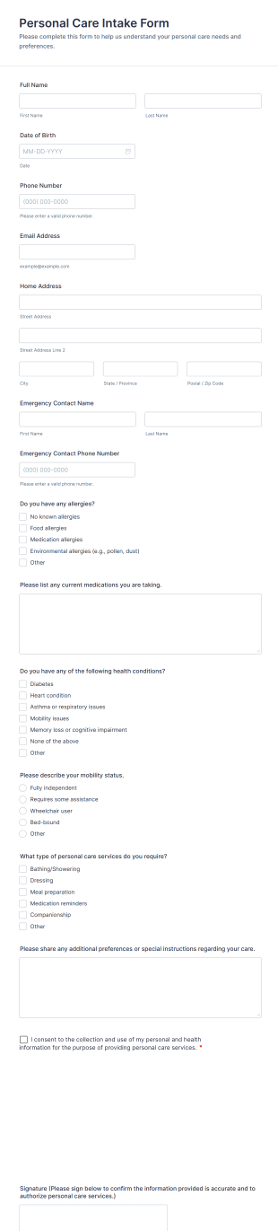 Personal Care Intake Form Template