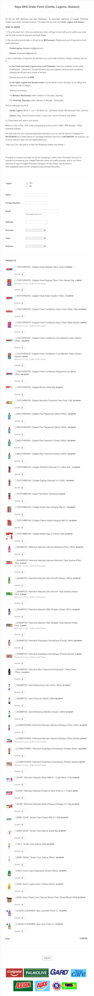 Personal Care Product Order Form Template