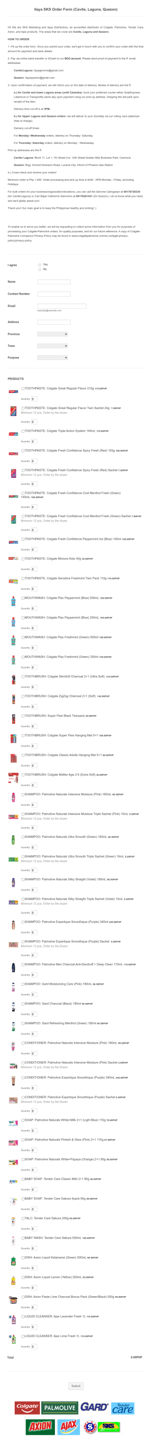 Personal Care Product Order Form Template