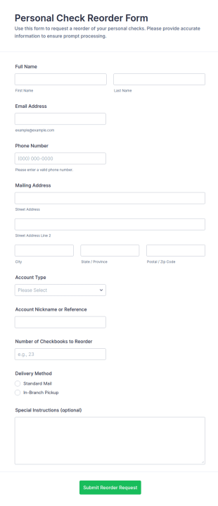 Personal Check Reorder Form Template