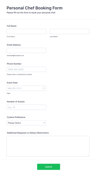 Personal Chef Booking Form Template