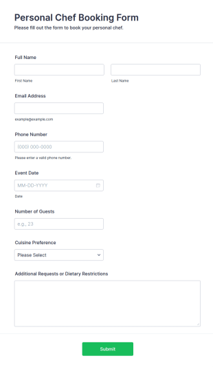 Personal Chef Booking Form Template