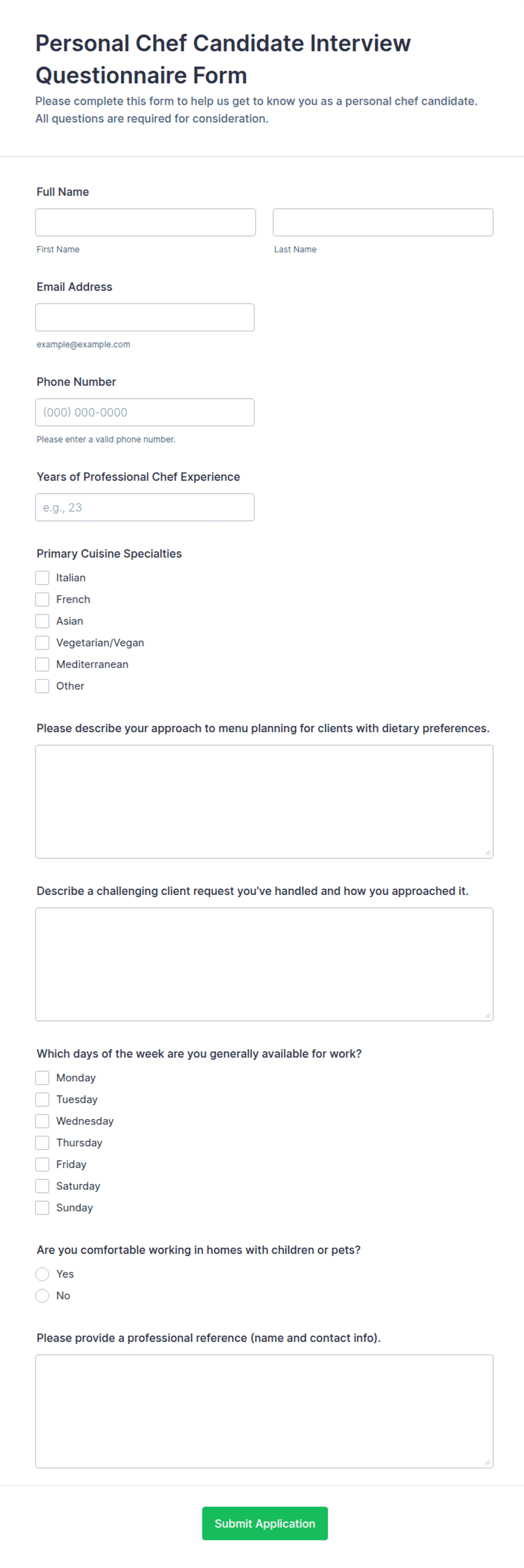 Personal Chef Candidate Interview Questionnaire Form Template | Jotform