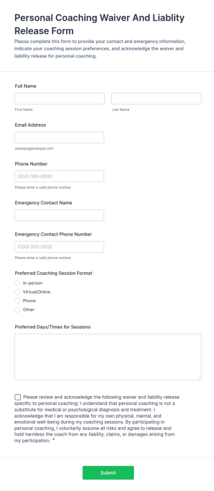 Personal Coaching Waiver And Liability Release Form Template