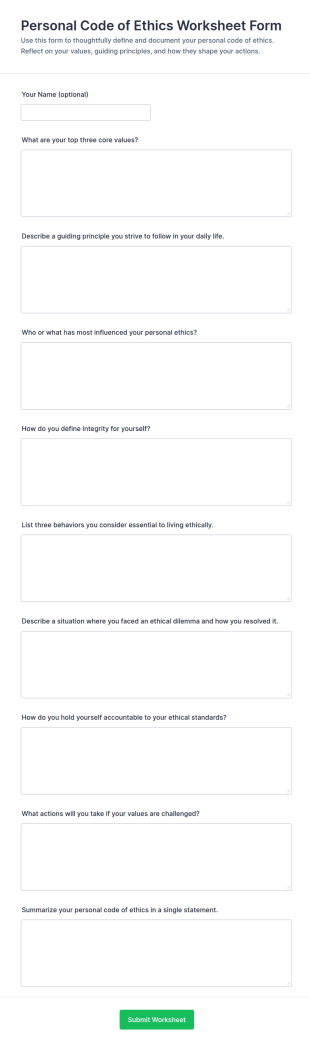 Personal Code Of Ethics Worksheet Form Template