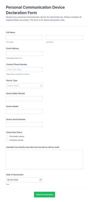 Personal Communication Device Declaration Form Template