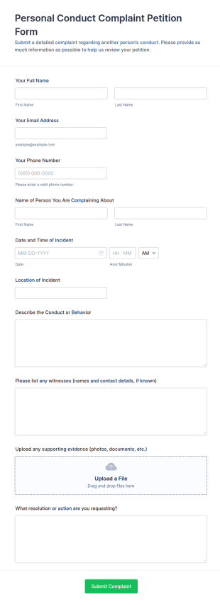 Personal Conduct Complaint Petition Form Template