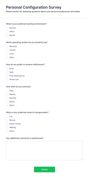 Personal Configuration Survey Form Template