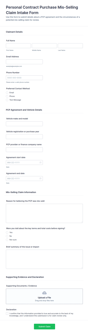Personal Contract Purchase Mis Selling Claim Form Template