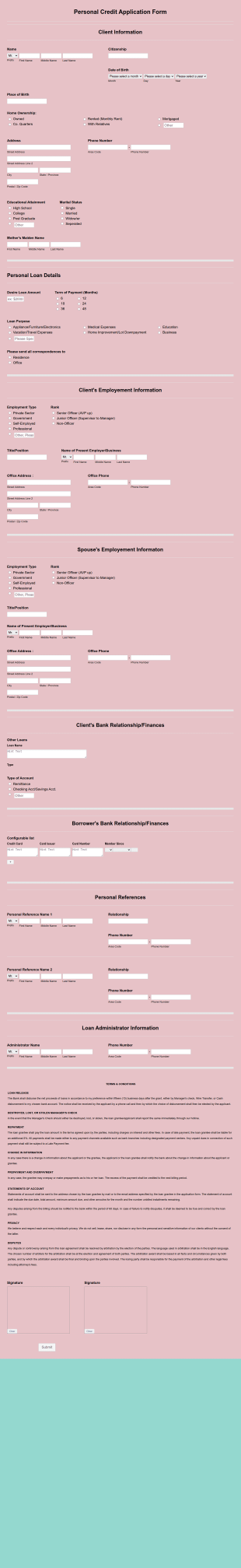Personal Credit Application Form Template