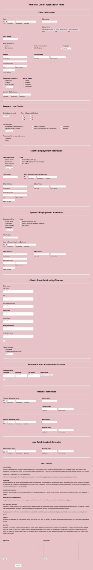 Personal Credit Application Form Template