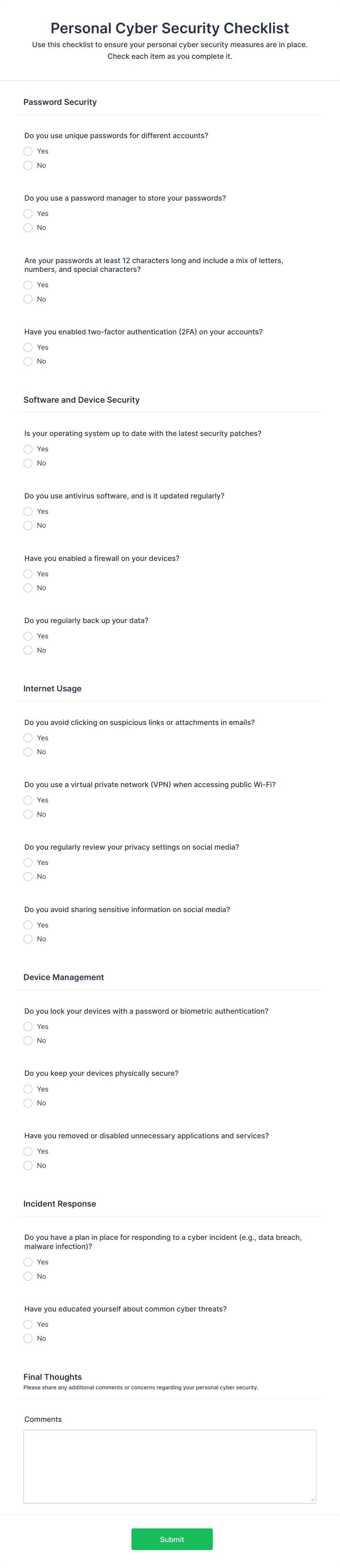 Personal Cyber Security Checklist Form Template | Jotform