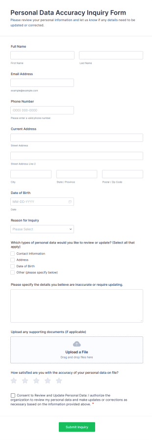 Personal Data Accuracy Inquiry Form Template