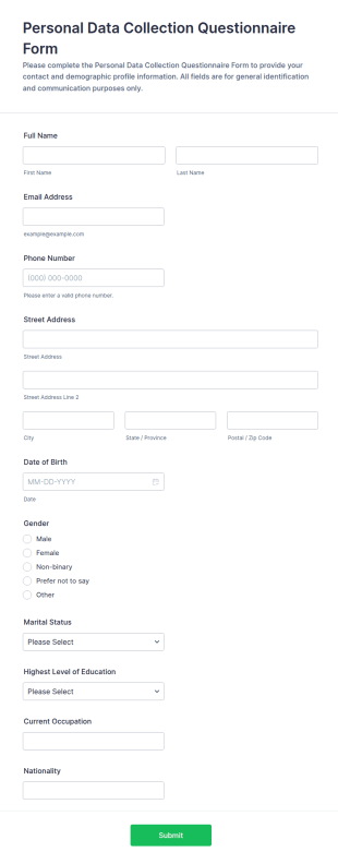 Personal Data Collection Questionnaire Form Template