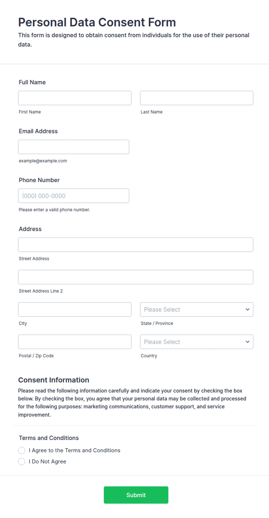 Personal data consent form showing identity and consent information