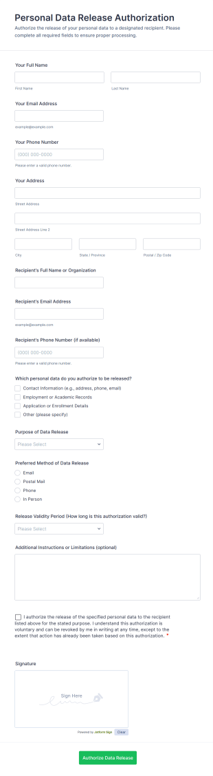 Personal Data Release Authorization Form Template