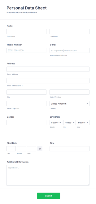 Personal Data Sheet Template Form Template