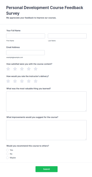 Personal Development Course Feedback Survey Form Template