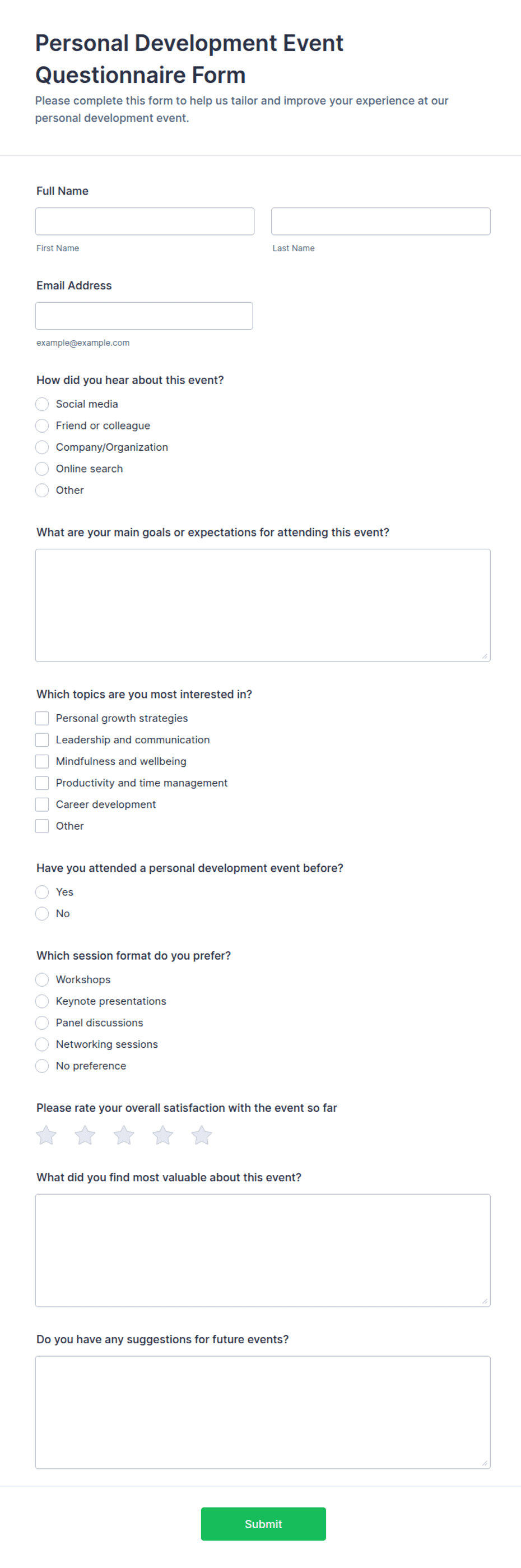 Personal Development Event Questionnaire Form Template | Jotform